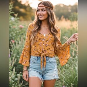 Boho Fairy Floral Mustard Yellow Tie-Front Crop Blouse/ festival / feminine/